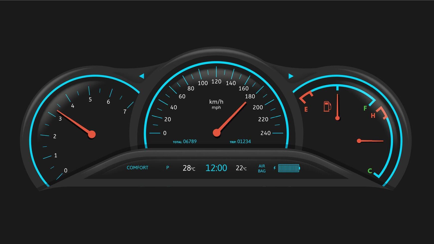 Car dashboard. Vehicle performance monitoring indicators and gauges, fuel level and speedometer ui illustration vector
