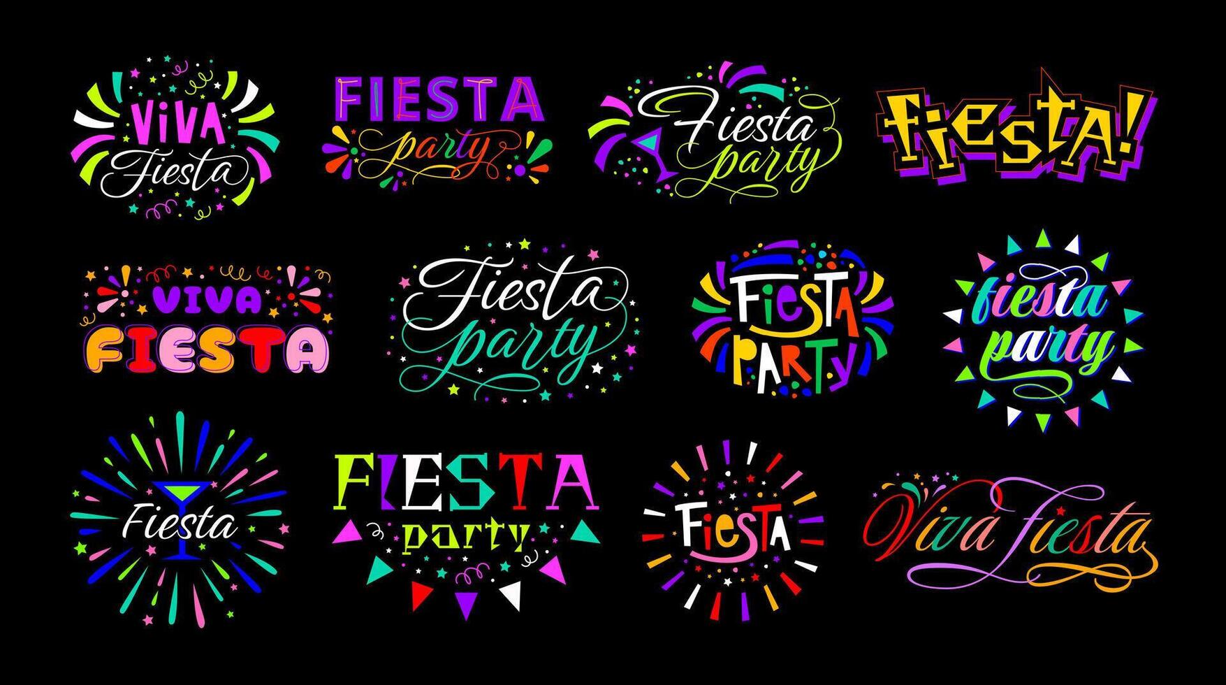 Viva fiesta party lettering. Holiday Celebration emblem in Mexican, Latin, and Spanish traditions. Ornamental event badges set vector