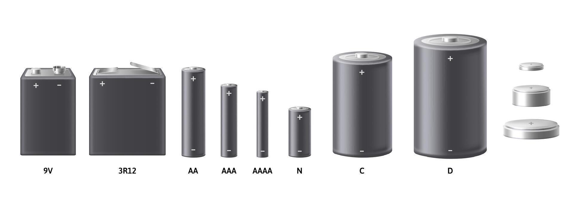 Realistic battery mockup. Different types of alkaline batteries and accumulators. Empty portable electricity power source template for design isolated 3D illustration set vector