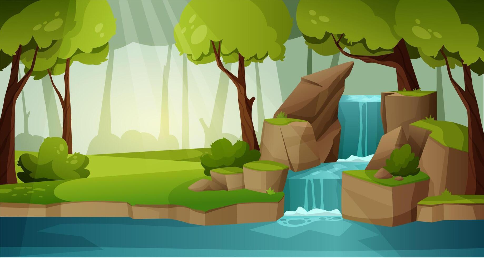 Mountain waterfall landscape. Tropical rainforest water cascade on cliff with splashes foliage stones, river stream on rock cartoon style. illustration vector