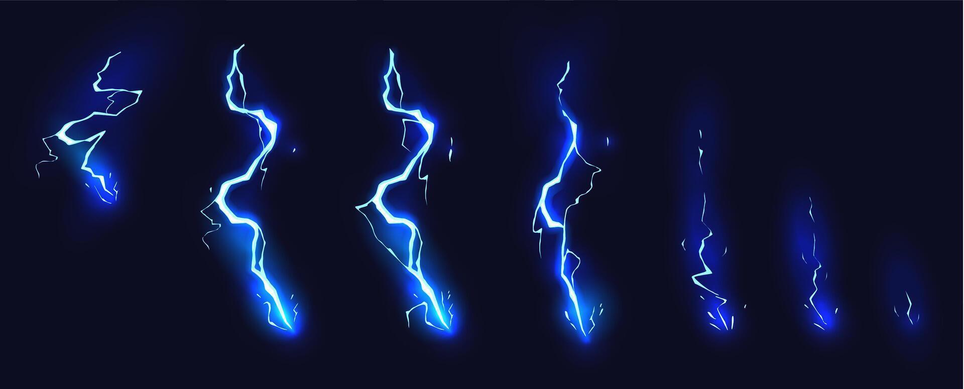 Cartoon lightning animation. Animated frames of electric strike, magic electricity hit and thunderbolt effect illustration set vector