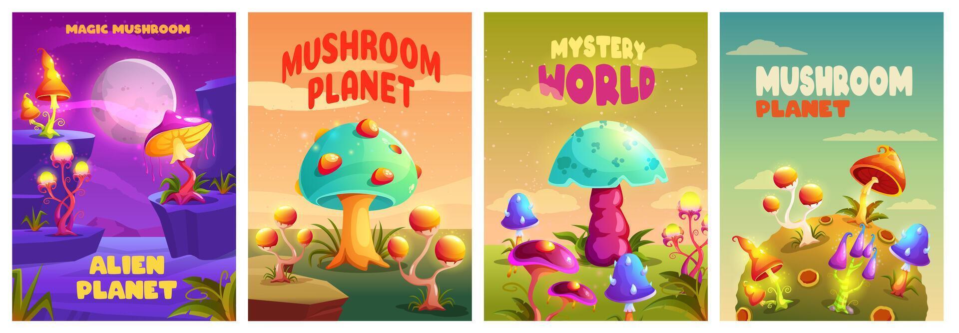 Fantastic mushrooms posters. Mystery magic space fungus planet background, bizarre alien mushroom flyer and groovy psychedelic trippin sticker illustration set vector