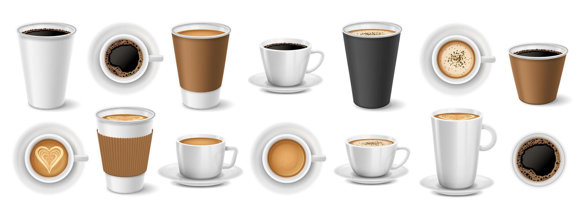 Realistic coffee to go cups. Coffee shop paper and ceramic cup mockups, takeaway cappuccino, latte and espresso 3D illustration set vector