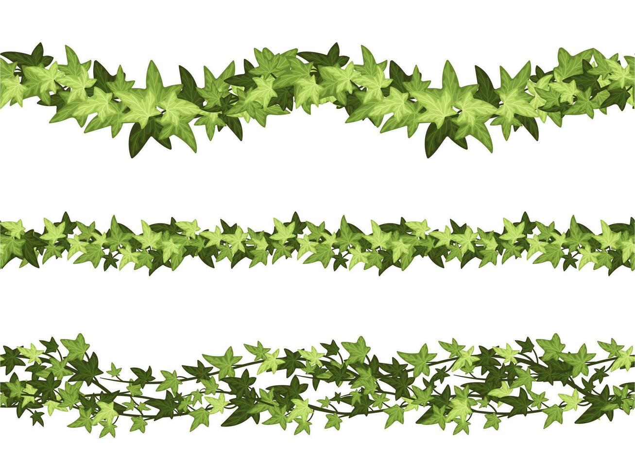 Seamless green ivy horizontal dividers. Botanical border, climbing vine and branch line cartoon set vector