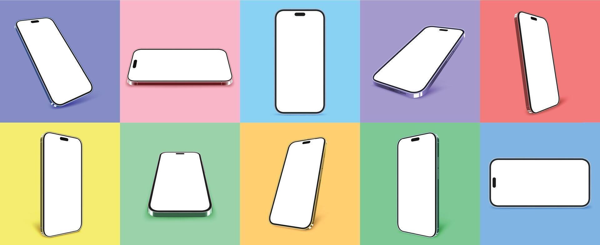 Smartphone mockups. Realistic 3D mobile phone frames with shadows, isolated color cellphone device on colorful background branding template set vector