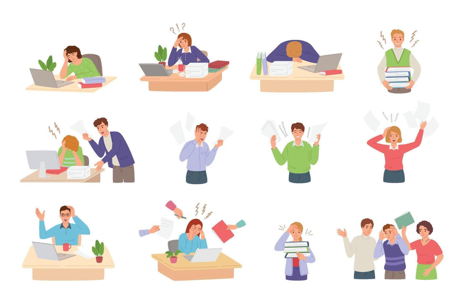 Stress work. Cartoon busy office workers with piles of work, overwhelmed team and ineffective management. Deadline illustration set vector