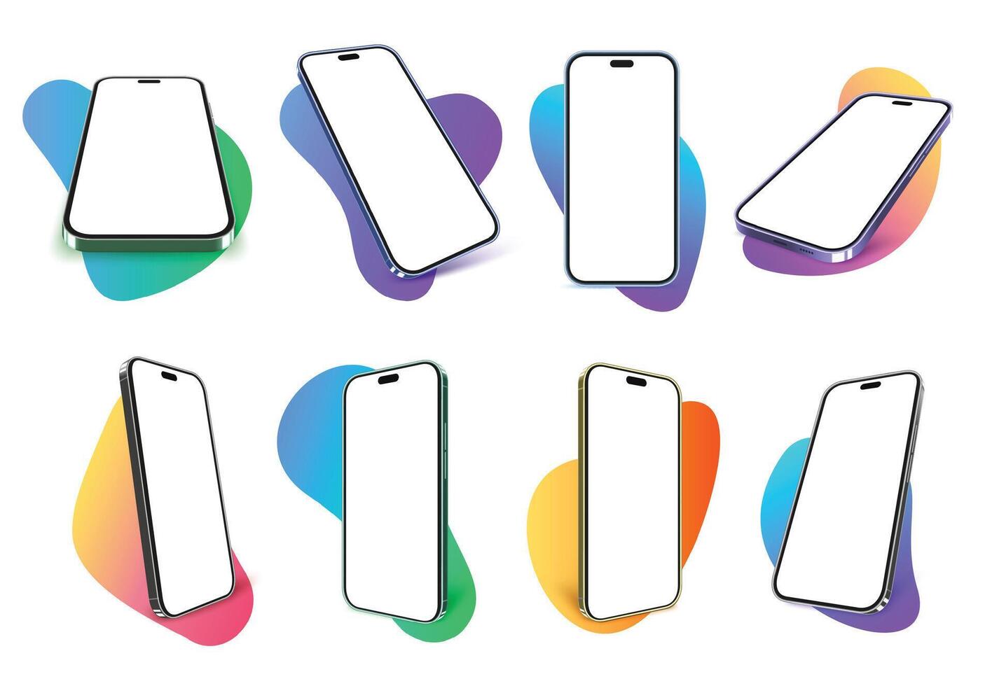 Mobile phone mockups. Smartphone display frame on abstract gradient blob shape, bright 3D app presentation template set vector