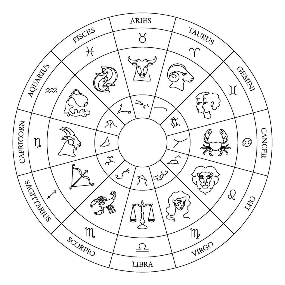 Zodiac circle. Astrology wheel with continuous one line zodiac signs, constellations and illustrations art vector
