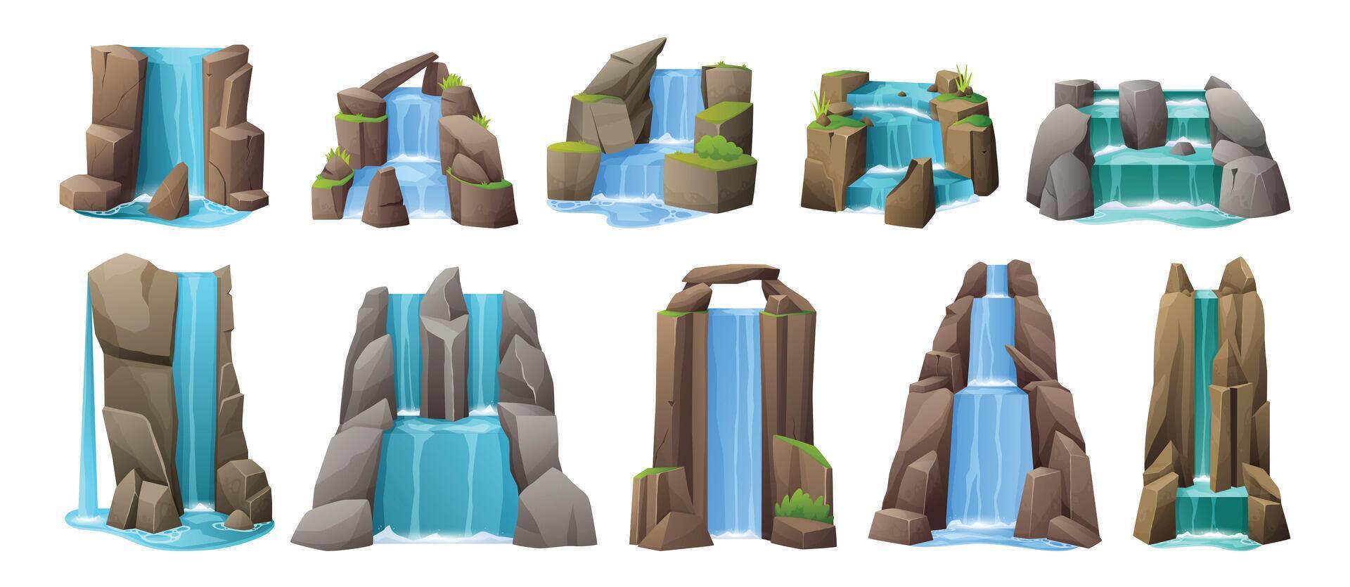 Cartoon waterfall. Cartoon water cascade icons, tropical nature landscape scenery river falls from hill with splashes. isolated set vector