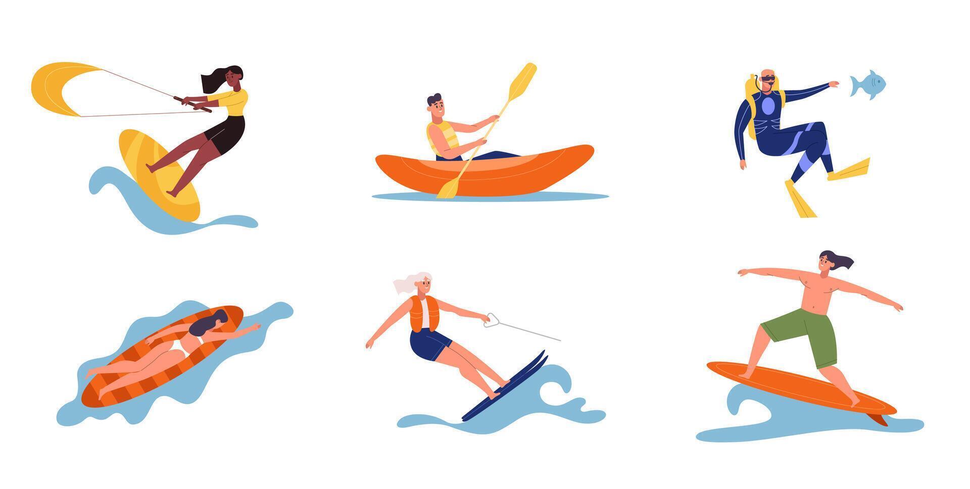 Beach and water activities people, surfing and kiting vector