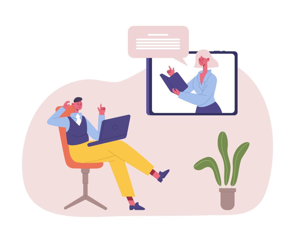 Distant business training. Business online webinar, training conference vector