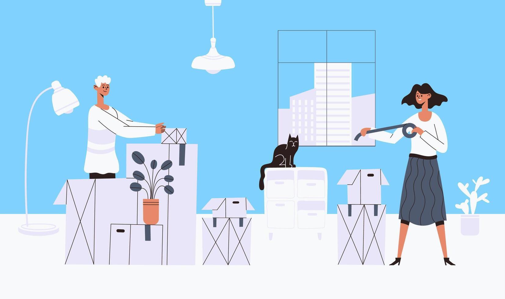 Moving out people. people relocation in new place vector