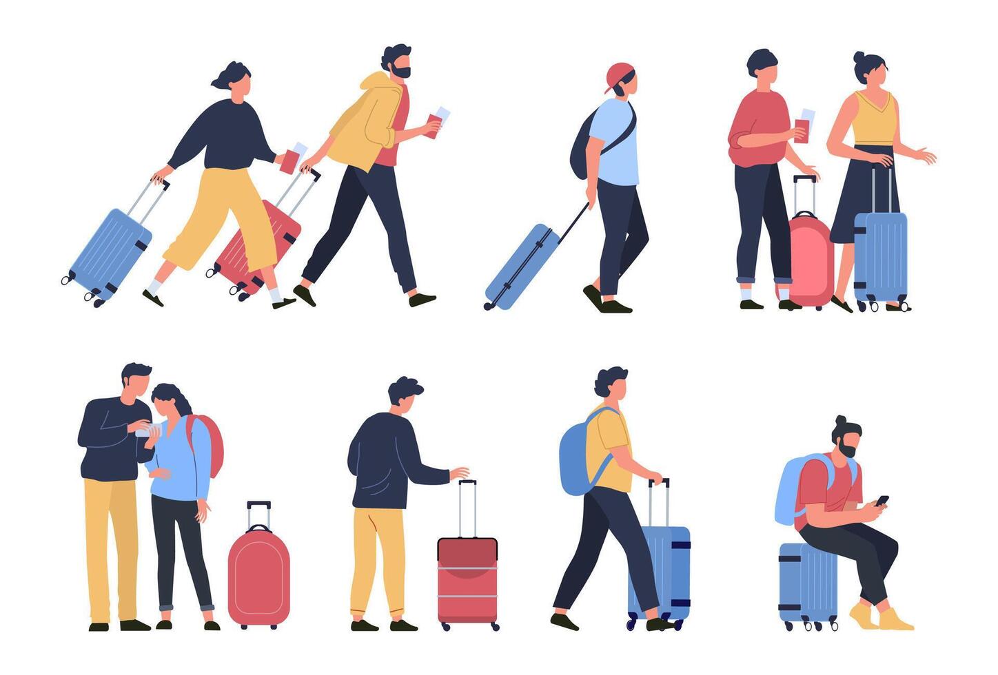 Travelers at airport. Business tourists, people waiting at airports terminal with luggage, characters walking and hasting to boarding vector