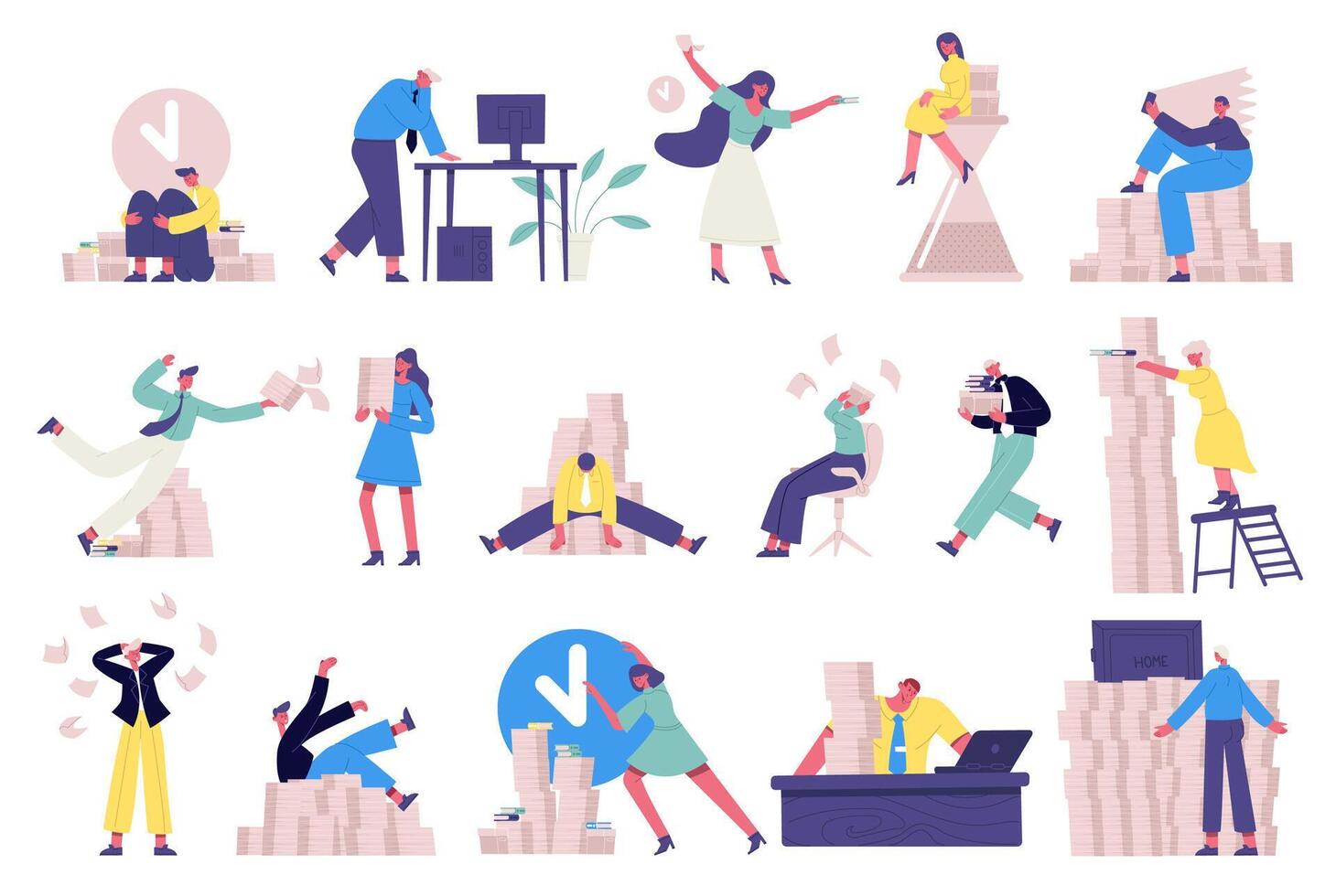 Deadline office work. Unorganised rushing office characters, time management illustration set vector