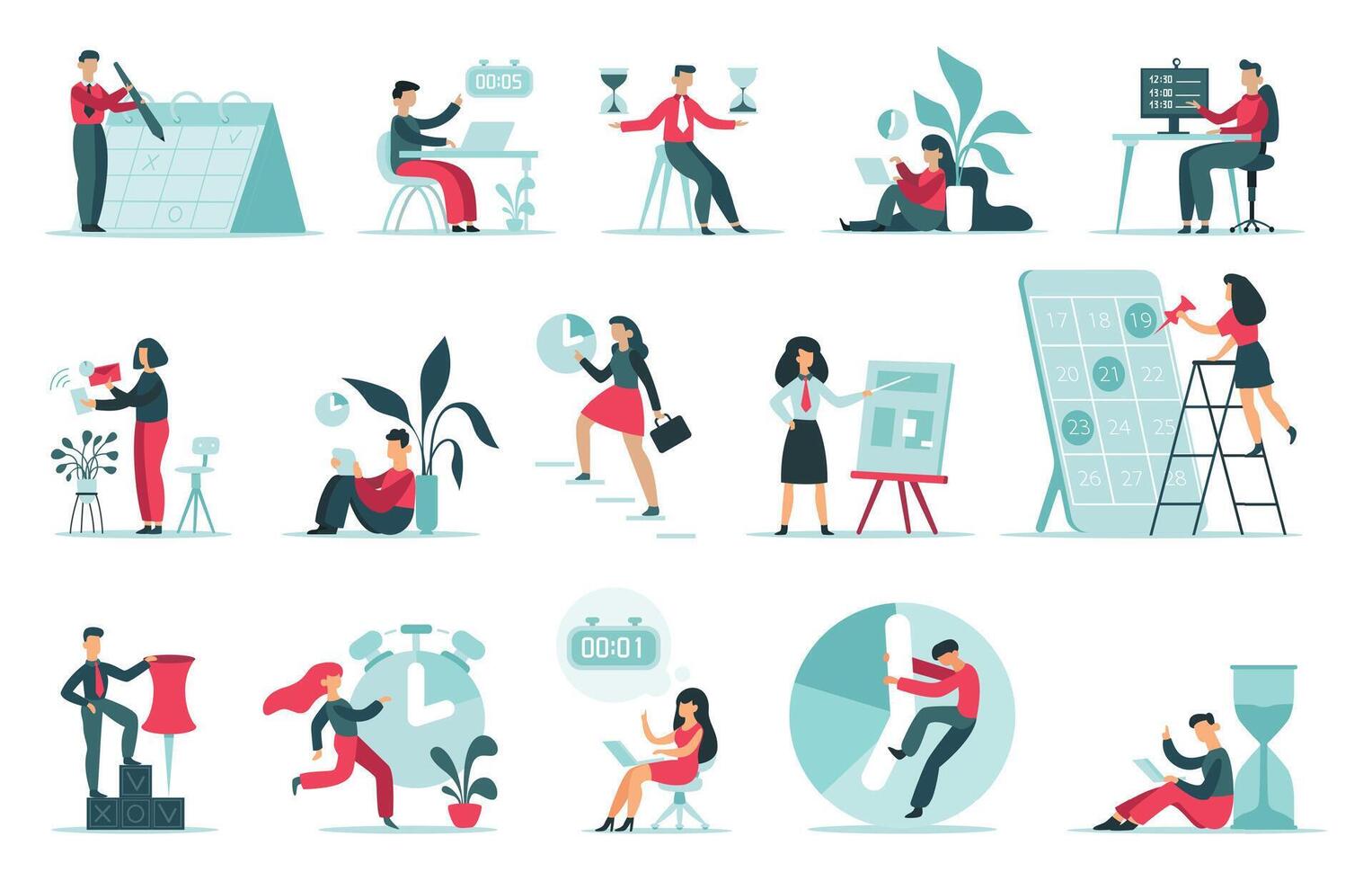 Schedule planning. Work timing strategy, office people planning work schedule, productive time management vector