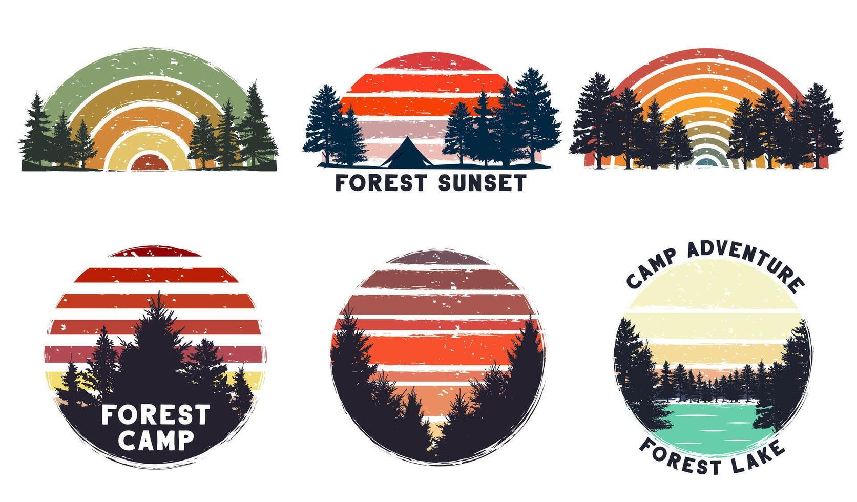Wild camp, sunrise camping and nature trees with grunge 80s striped sun background vector