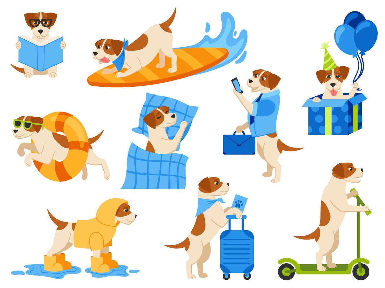 Dog mascot. Adorable puppy character, cute beagle read book, surfs, sleeps on pillow, travel and rides scooter cartoon illustration set vector