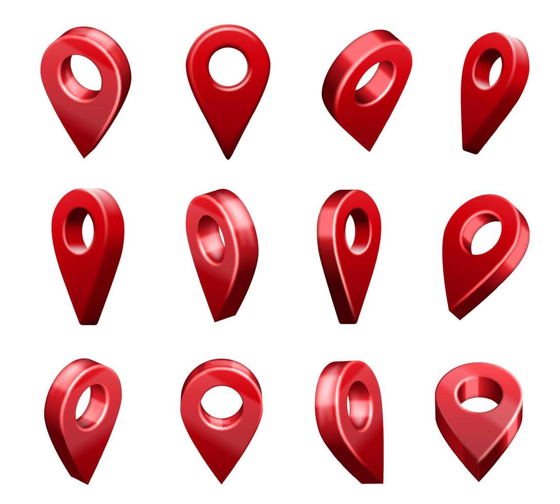 Location map pin pointer icons. Geo locator system sign, travel map pins and red navigational markers in different 3D angles isolated set vector