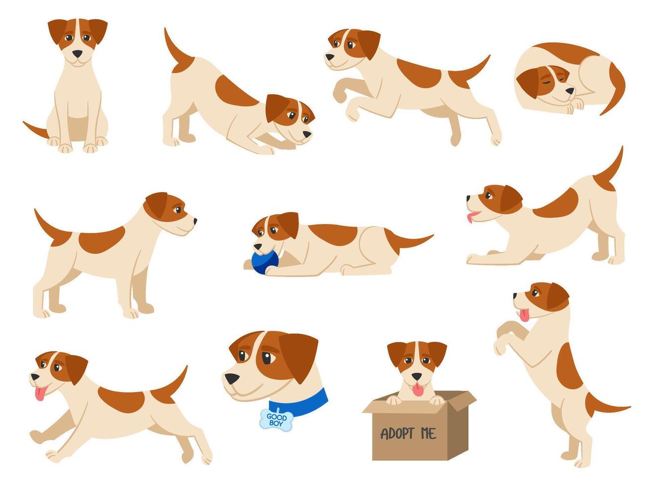 Cartoon dog. Playful beagle pup pet sits, runs, sleeps and plays with ball. Good boy illustration set vector