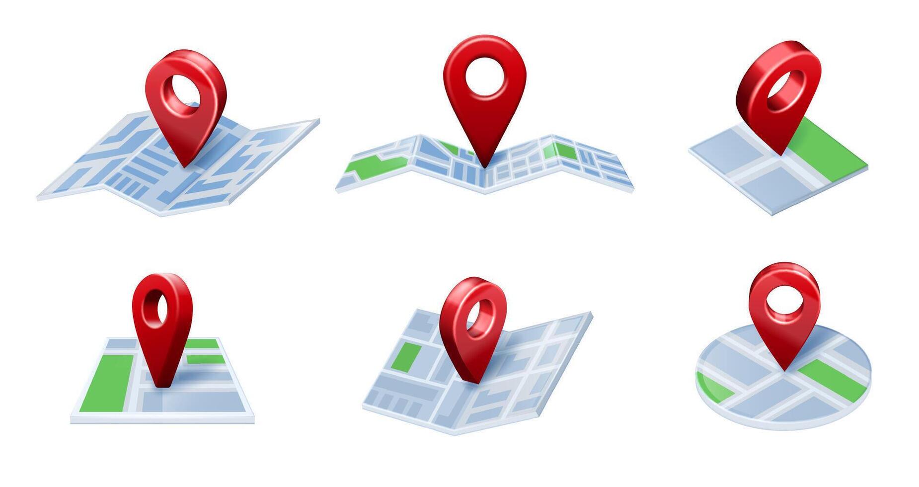 Pin on map. 3D Location icons, city GPS navigation and maps pointing arrows isolated illustration set vector
