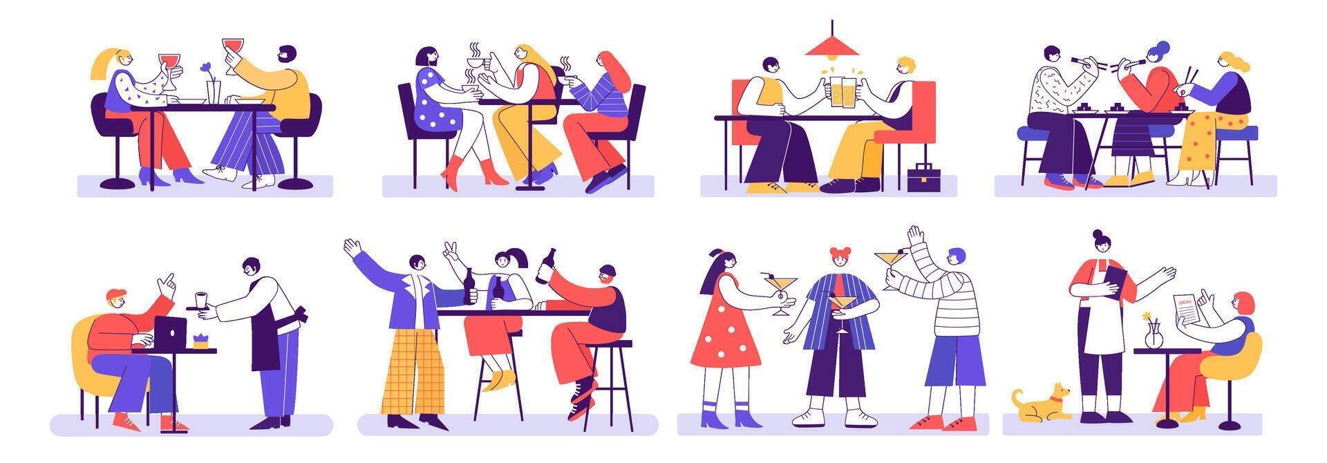 Restaurant and Cafe visitors. People eat and drink at restaurant tables together, enjoying meeting and celebration. Geometric illustration set vector