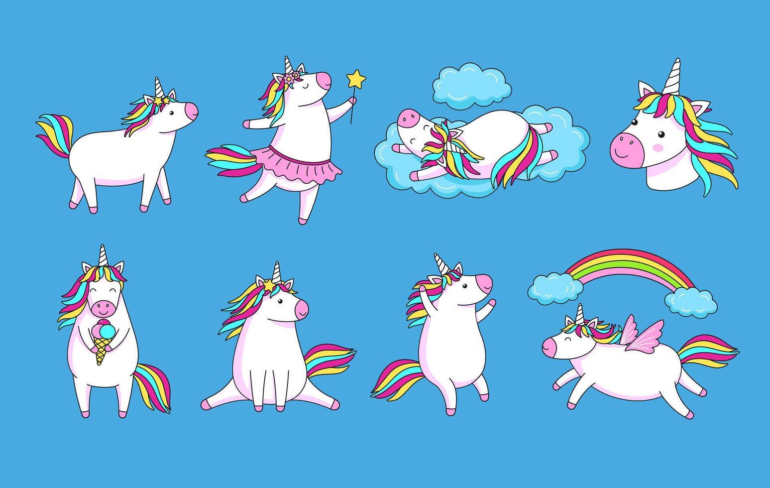 Cute cartoon unicorns. Magic unicorn with rainbow hair flying and dreaming in clouds, dancing and eating ice cream illustration set vector