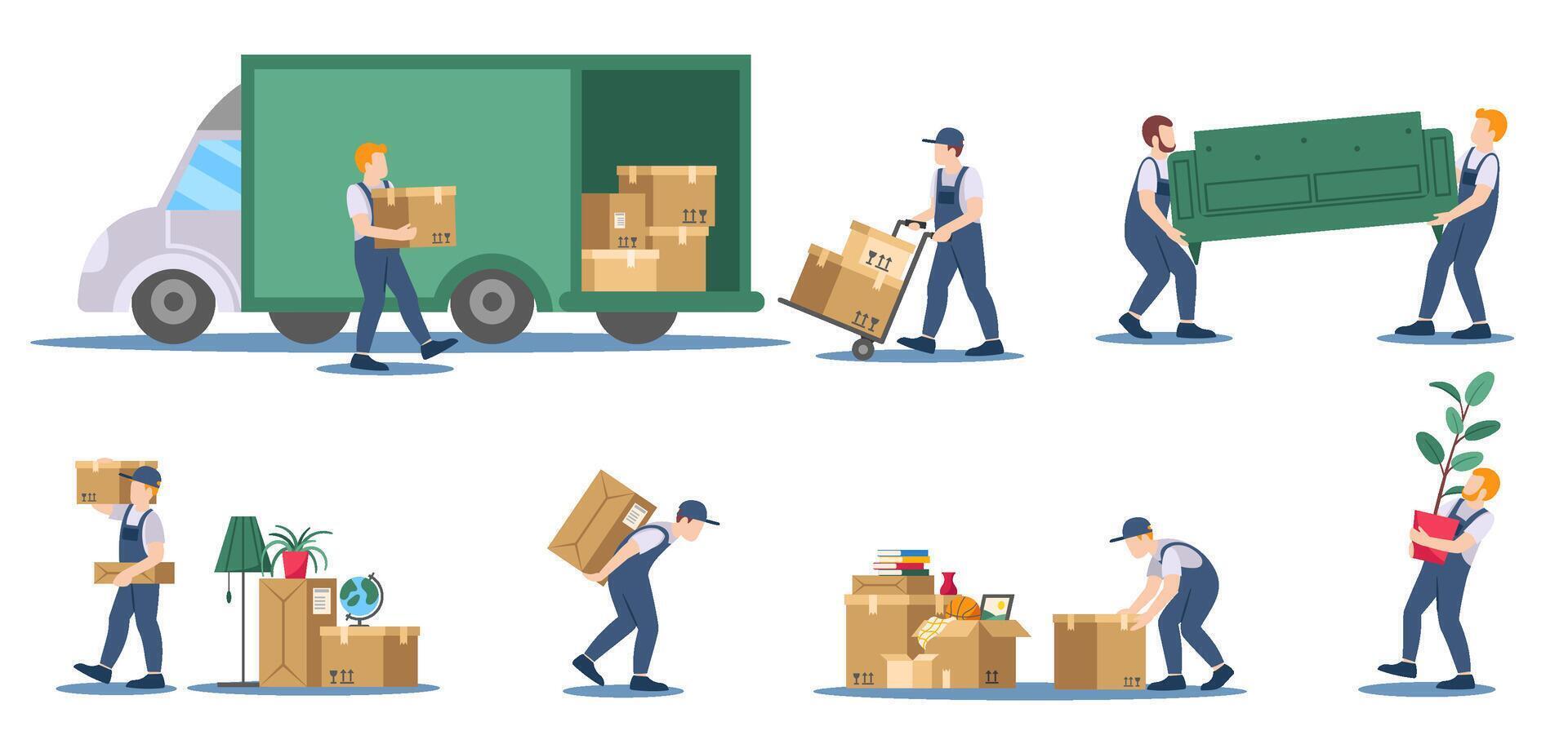 Moving service. Delivery service workers loading boxes and sofa into truck, residential move logistics cartoon illustration set vector
