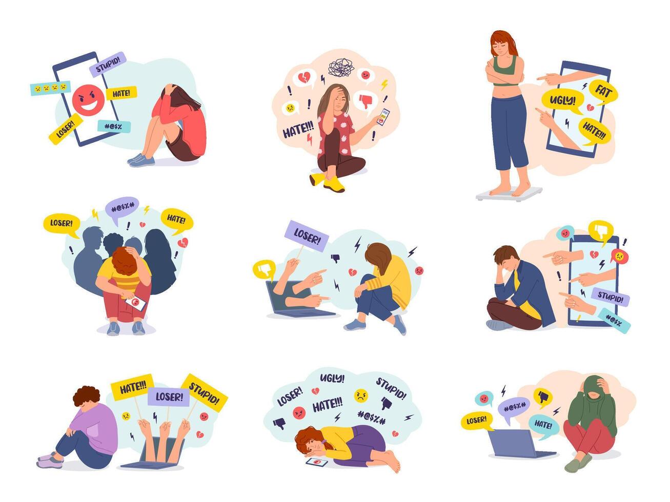 Cyberbullying on social networks. Online shaming and hate speech, teenagers upset by bullying illustration set vector