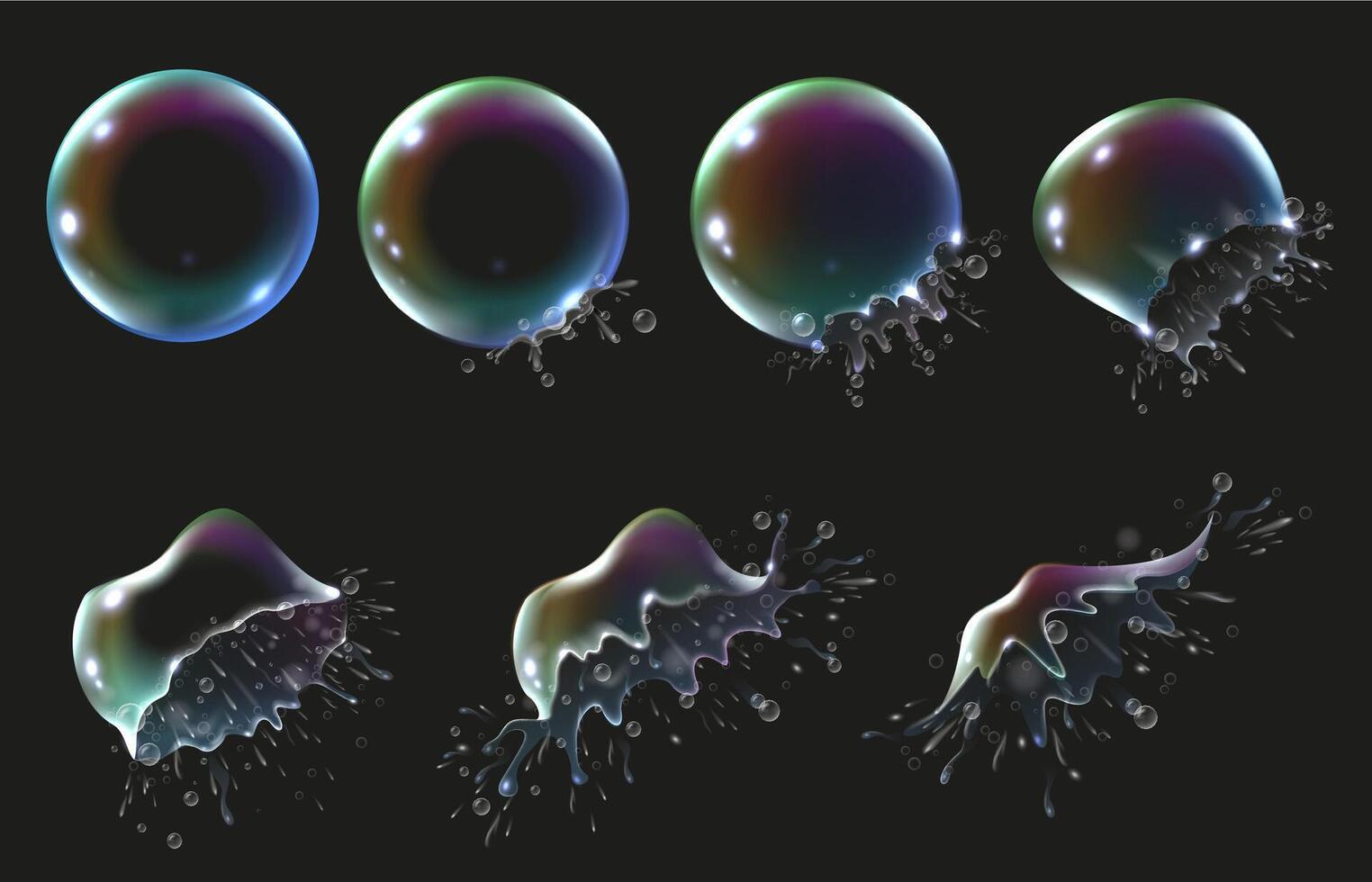 Rainbow soap bubbles explosion animation. Bubble explodes into soapy splattering, iridescent sphere burst slow motion animated frames set vector