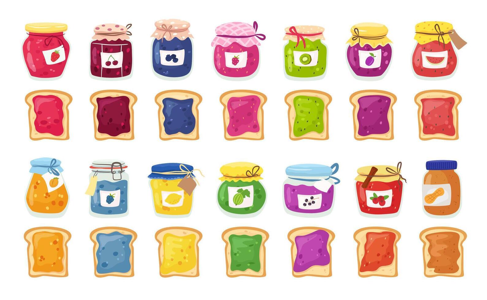 Toast spread with jams. Glass jam and jellies jars for sandwich spreads, tasty sweet preserves and slices of toasted bread set vector