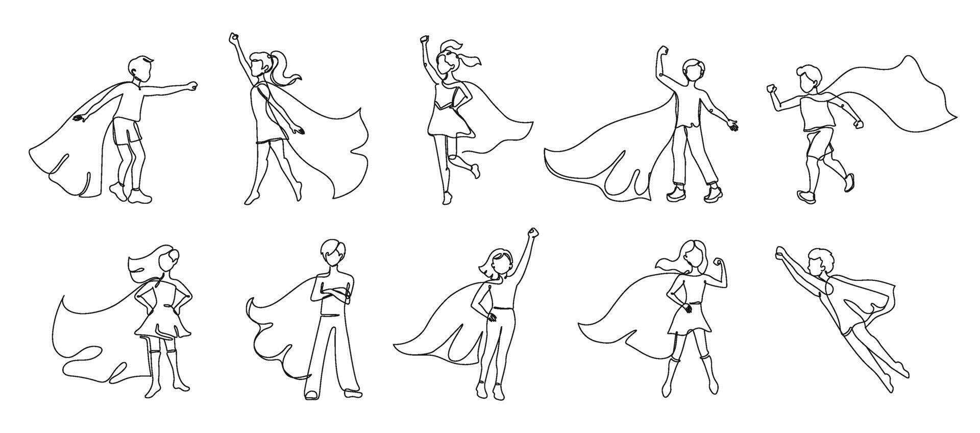 Continuous one line superhero kids. Children fly with hero cape, super boy and heroic girl illustration set vector