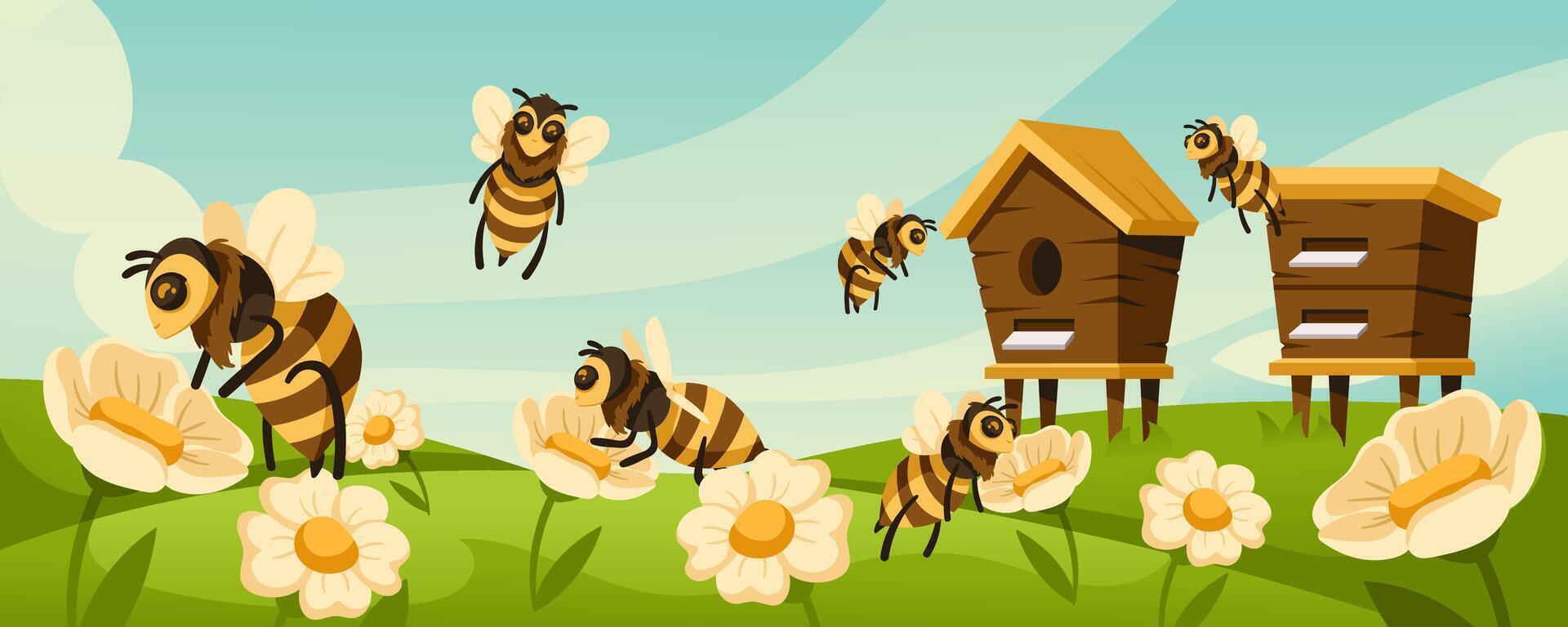 Cartoon apiary. Honey bees fly around hives and blooming flowers at flower meadow illustration vector