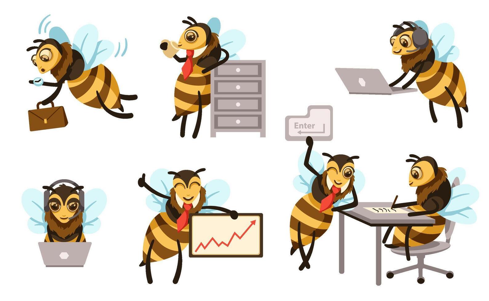 Cartoon office bees. Busy bee mascot for customer service or support. Honey bee with laptop computer illustration set vector