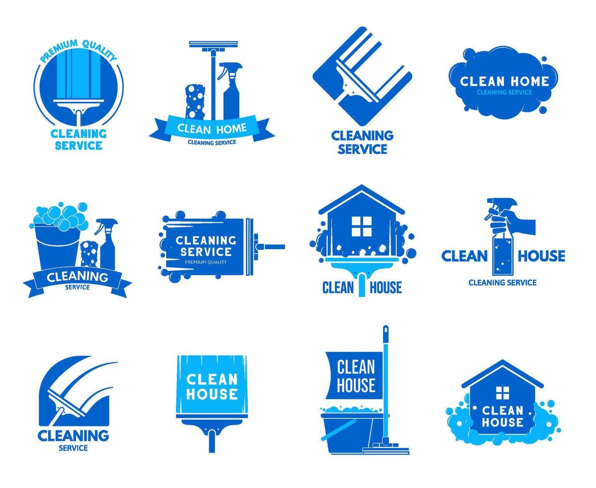 Cleaning service emblem. House cleaning company badges, professional templates with cleaning equipment set vector