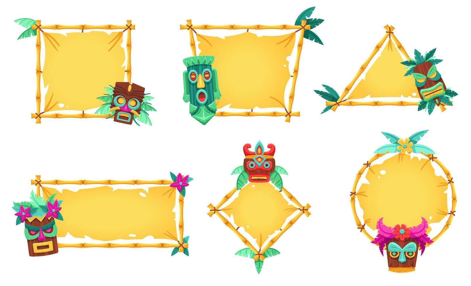 Cartoon tiki totem banner frames. Bamboo tribal borders, Hawaiian menu design backgrounds with totemic face mask sculptures set vector