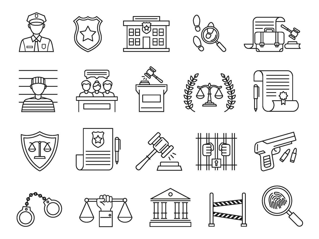 Law and judgment icons. Policeman and convicted felon, police office and court building, scales of justice and judges gavel symbols set vector