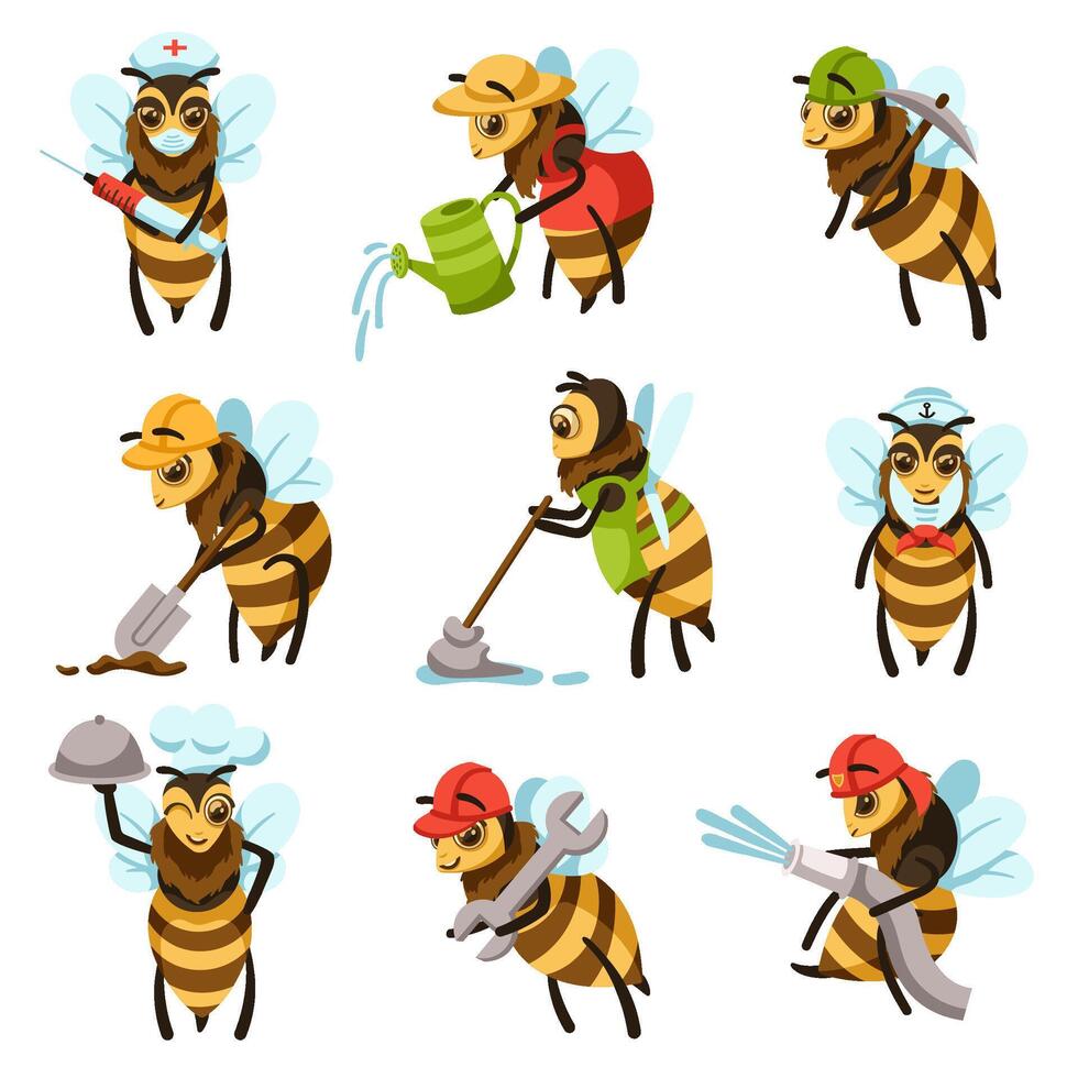 Cartoon bee workers. Cute bees of different professions, diligent workers and professionals illustration set vector