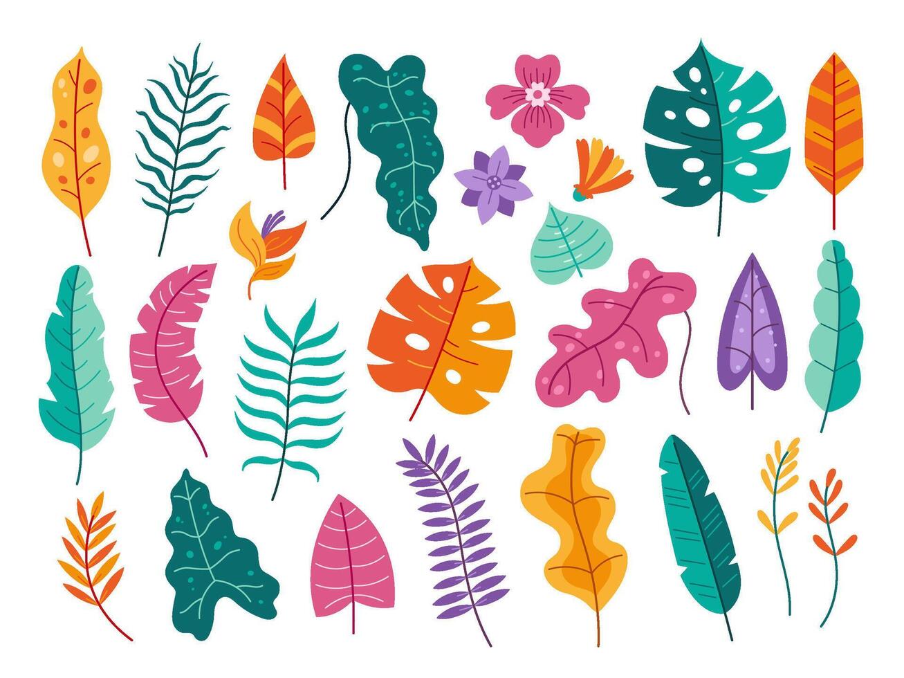 Tropical flora elements. Leaves and flowers of tropical plants isolated flat illustration set vector