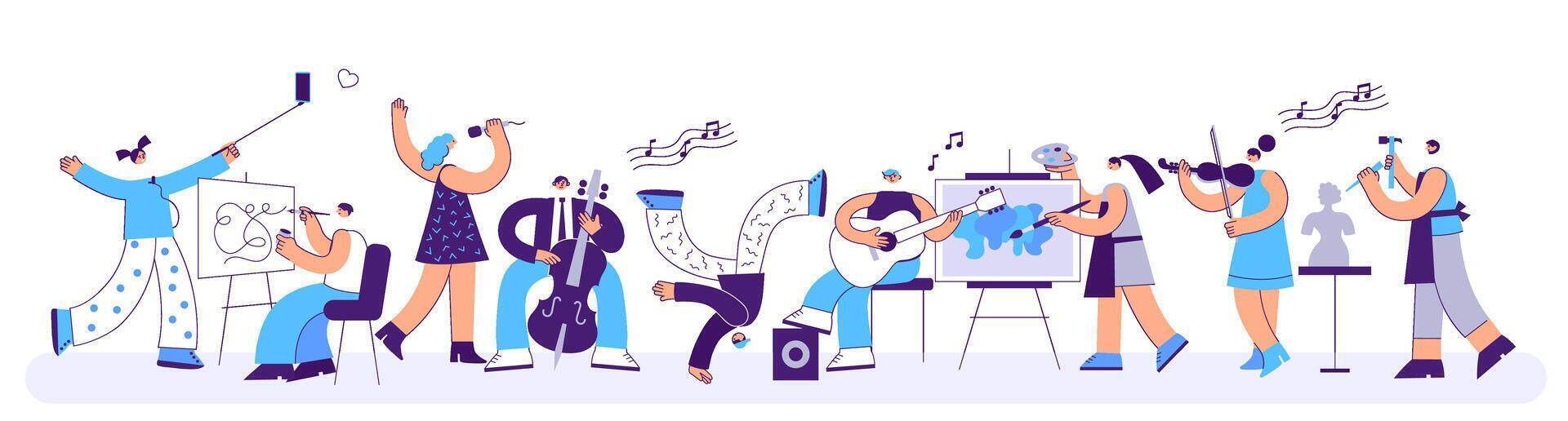 People of creative professions. Professional artist, musician, singer and dancer characters. Contemporary art school or hobbies and creativity flat illustration vector