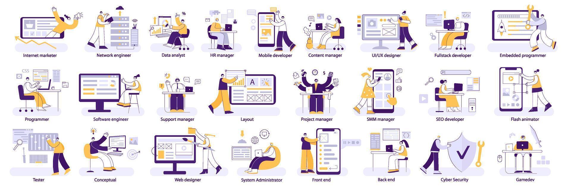 IT professions. Programmers and designers, engineers and managers, front and back end developers. Different digital jobs corporate illustration set vector