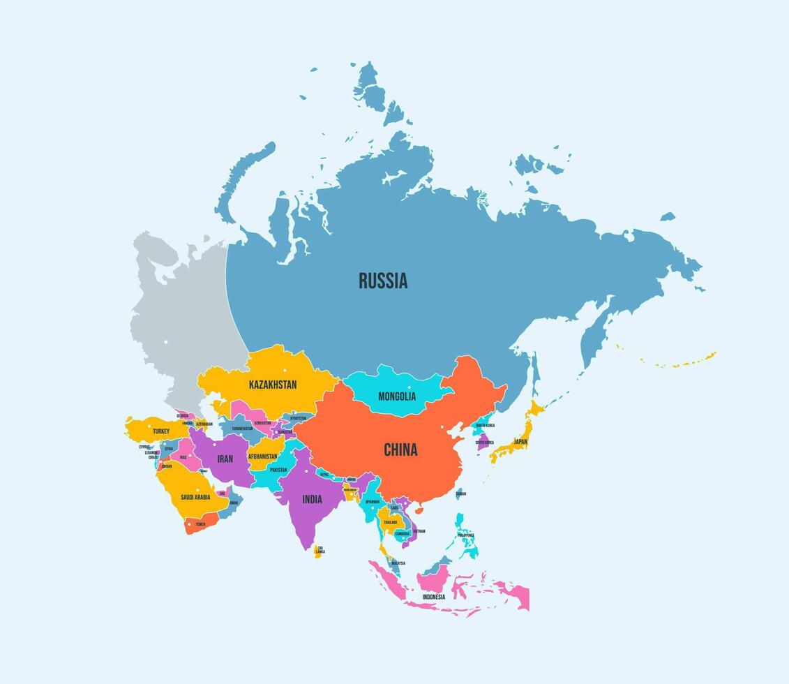 Asia continent political map. Tapestry of Asia with country borders and names isolated infographic illustration vector