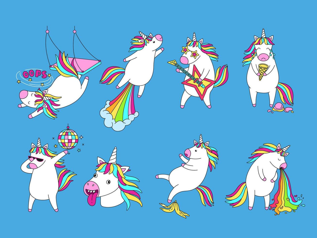 Goofy cartoon unicorns. Funny dumb magic unicorn face, failure fall and rainbow launch. Dabbing dance, fabulous rock star and crying horse illustration set vector