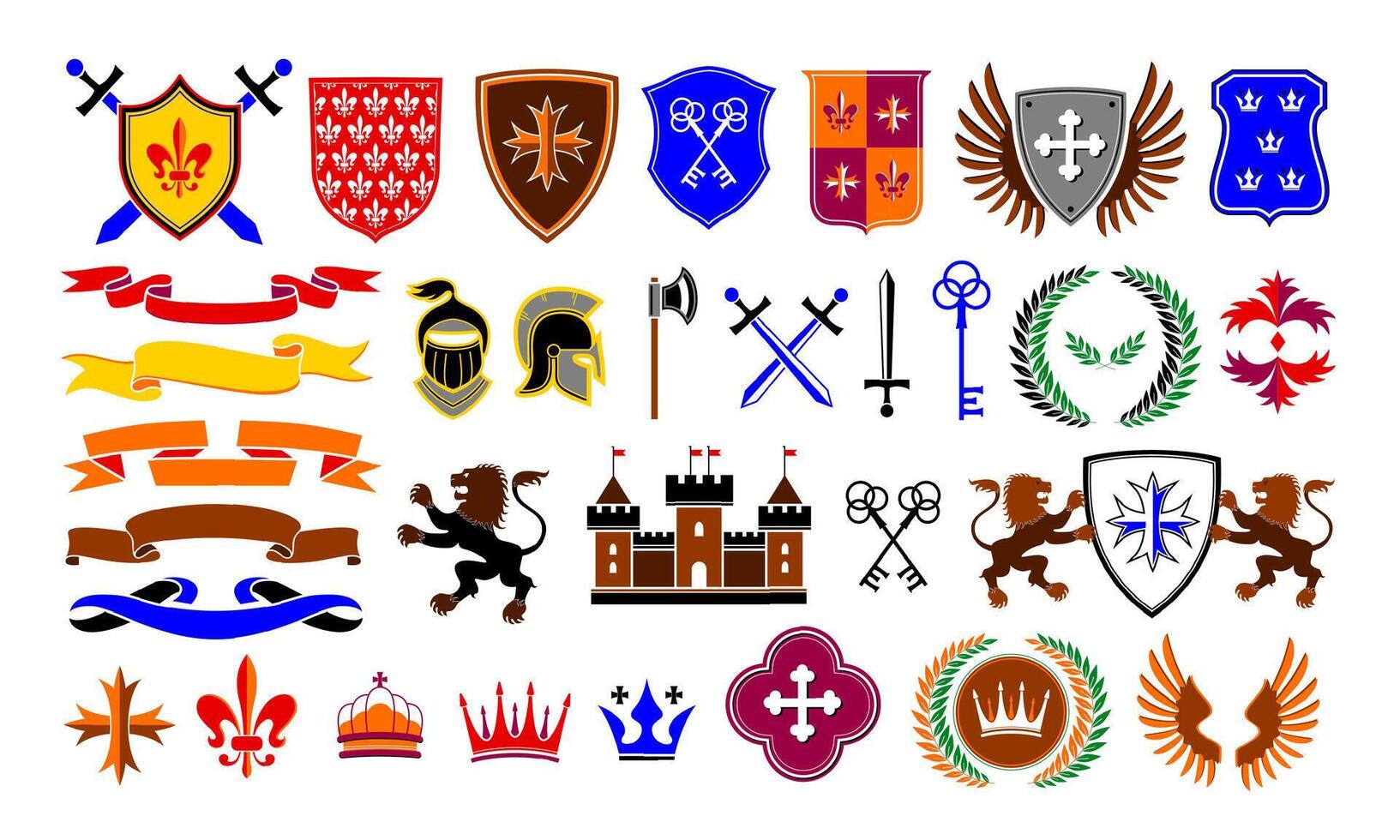 Antique heraldic emblem templates. Traditional medieval weapon and shields labels, royal crown, lion and ribbon set vector