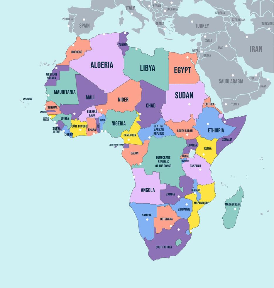 Political Map of Africa continent. English labeled countries names and Africa region borders illustration vector