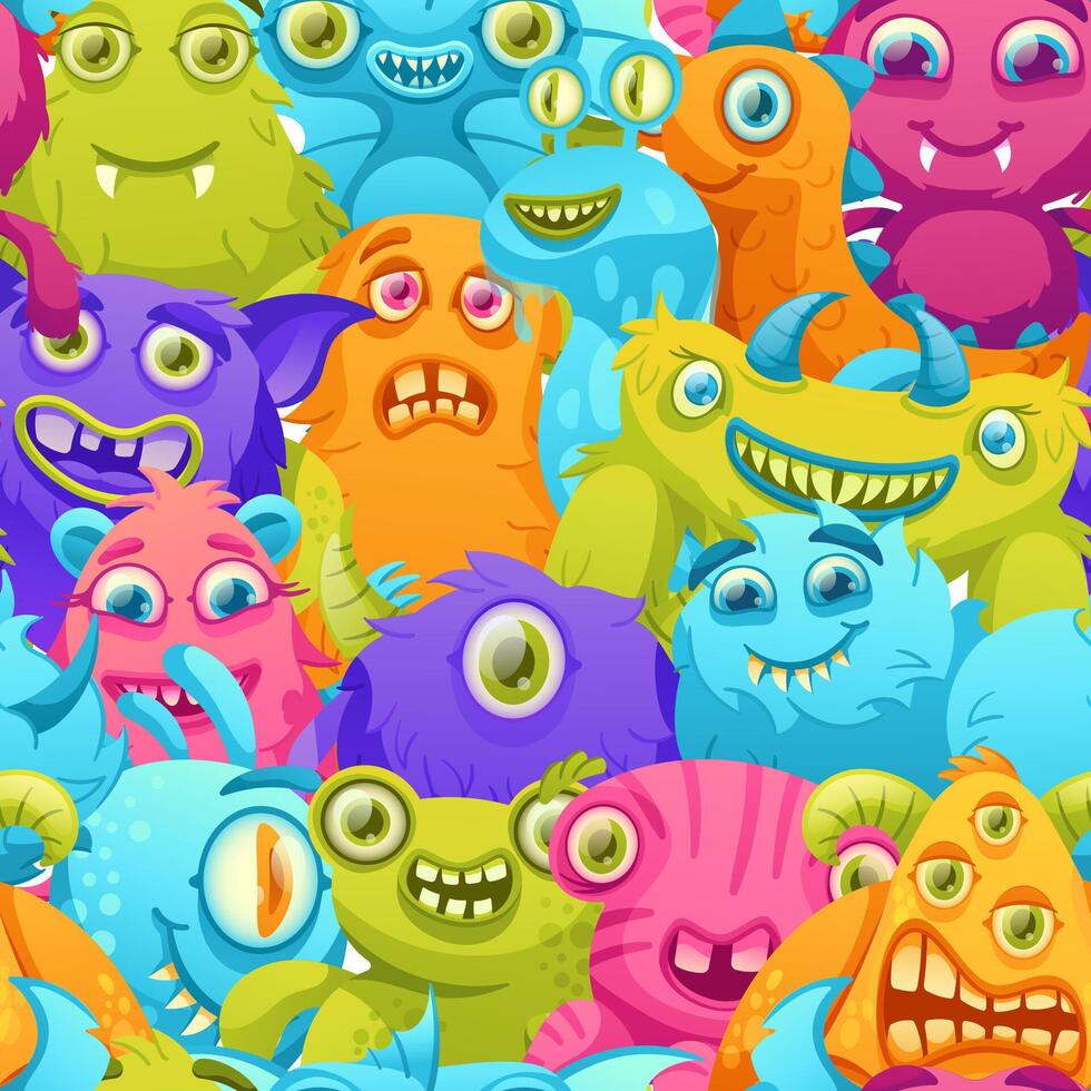 Cartoon monsters pattern. Funny crowd of colorful aliens, monster creatures seamless background illustration vector