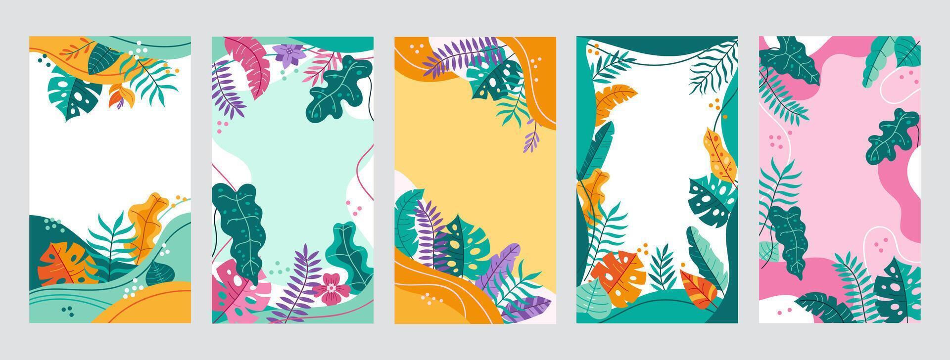 Tropical frame template. Social media story backgrounds with leaves of tropical plants, abstract jungle frames set vector
