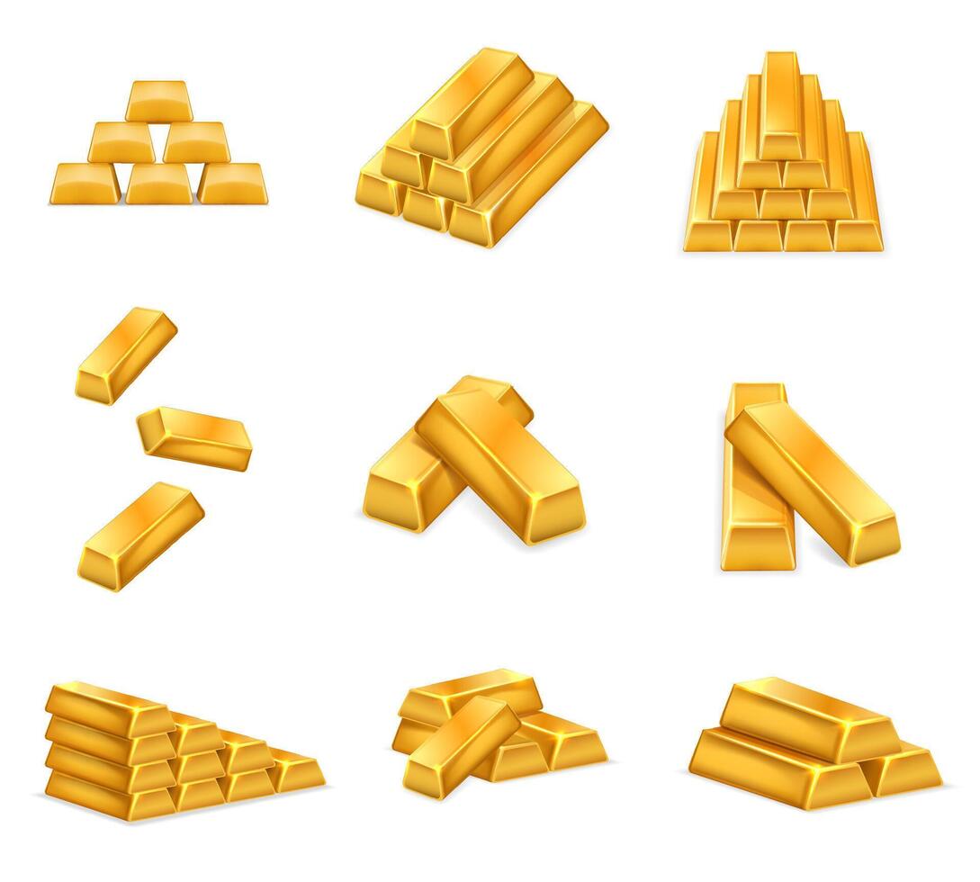 Gold bars. Shimmering golden bricks, stacked pure gold ingots. Banking wealth and luxurious lifestyle realistic 3D illustration set. vector