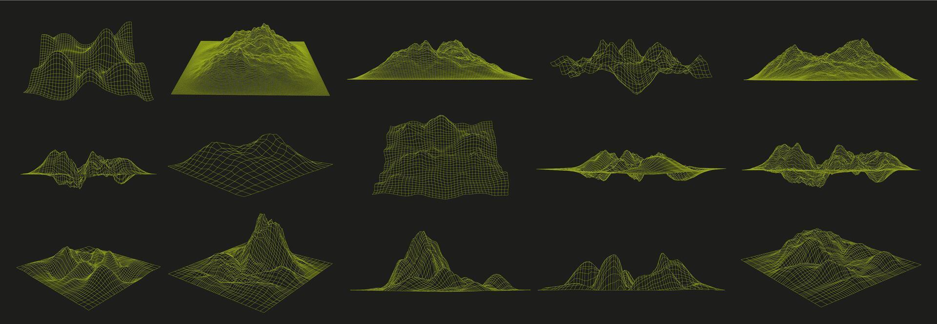 Wireframe landscapes. Futuristic 3D graph grid, cyber mesh mountains and distorted surface coordinates set with editable stroke paths vector