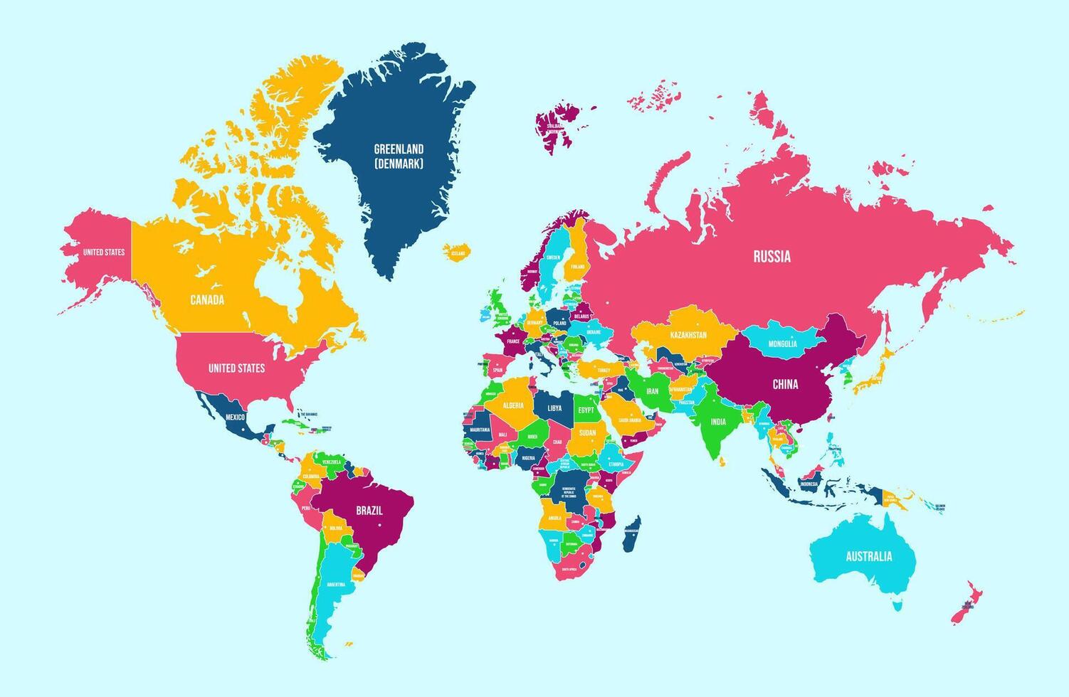 Political world map. Detailed continents, countries borders and names atlas for global travel, statistic or infographic design illustration vector
