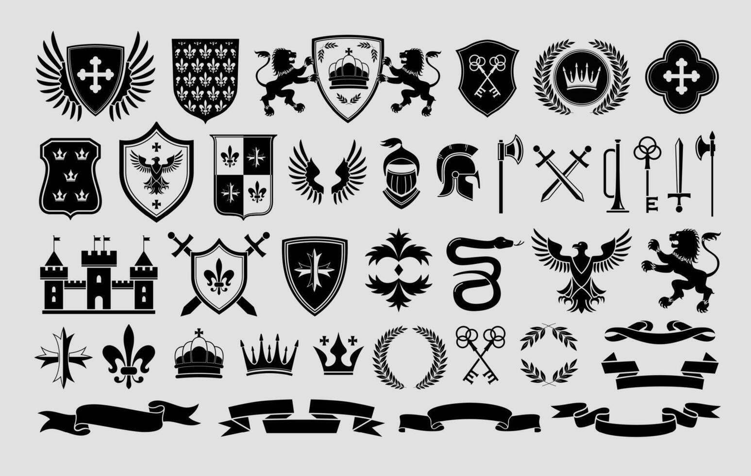 Stencil heraldic emblem templates. Traditional snake, lion and eagle symbols. Medieval weapons, shields and royal castle labels set vector